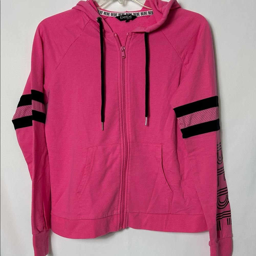 Bebe Pink Black Stripes Women's Small Zip-Up Hoodie Sweat Jacket Logo Sleeve Top